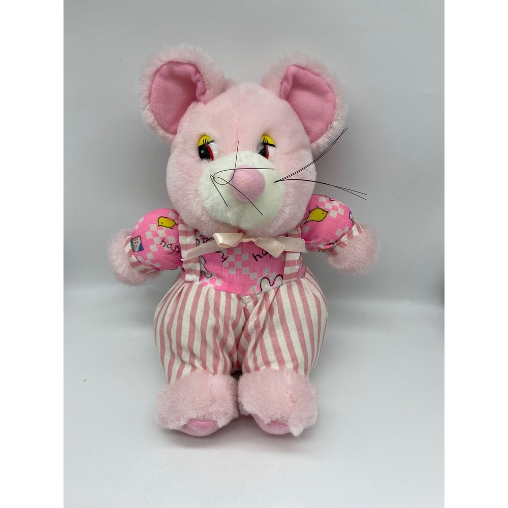 Vintage H.Y.T. Pink Mouse Plush Stuffed Animal Striped Overalls 10 Inch